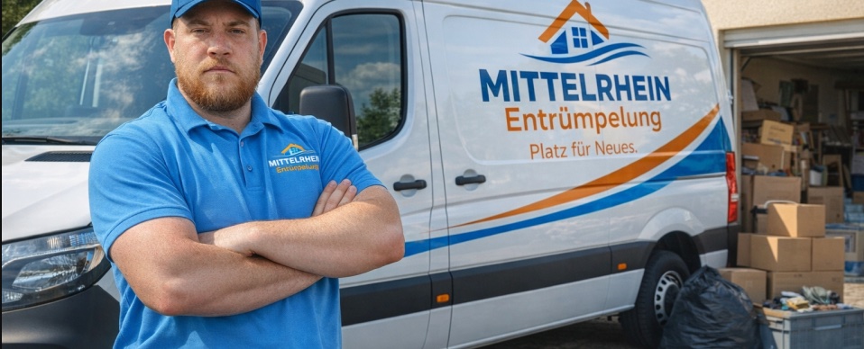 Dennis Davids, Inhaber von Mittelrhein Entrümpelung, vor dem Firmentransporter – im Hintergrund eine Garage voller Umzugskartons