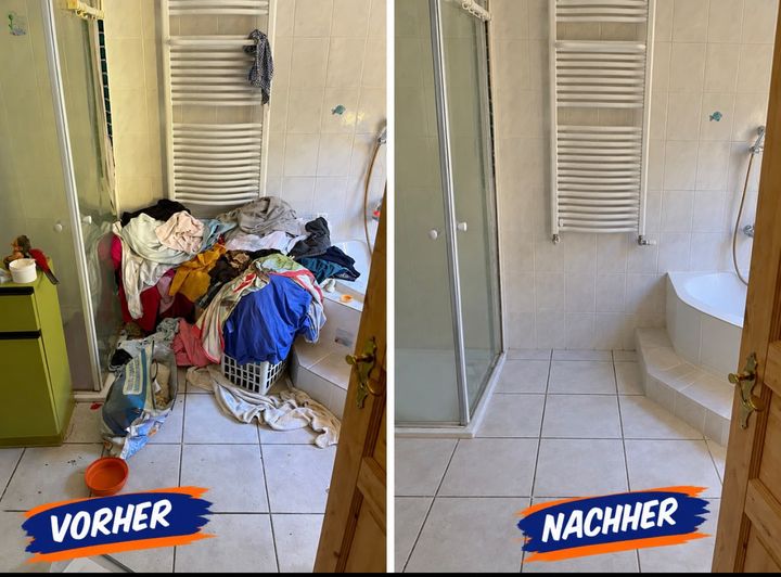 Vorher: Badezimmer mit Wäschebergen und Unrat – nachher geräumt und sauber