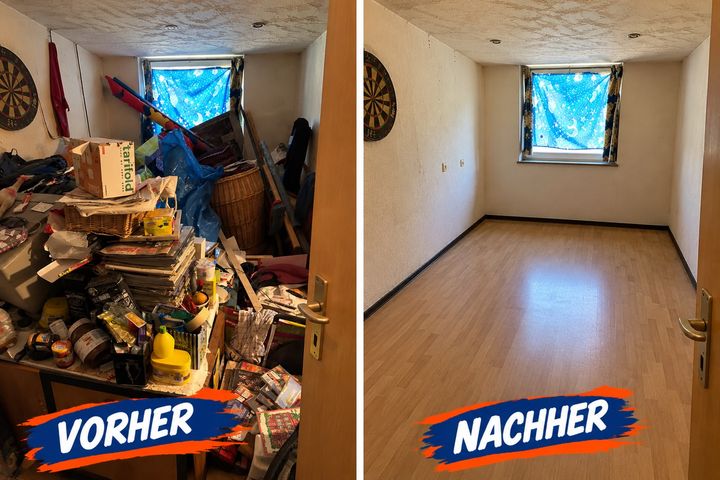 Vorher: Hobbyraum im Keller bis unter die Decke mit Kartons, Körben und Gerümpel zugestellt – nachher komplett geräumter, besenreiner Raum