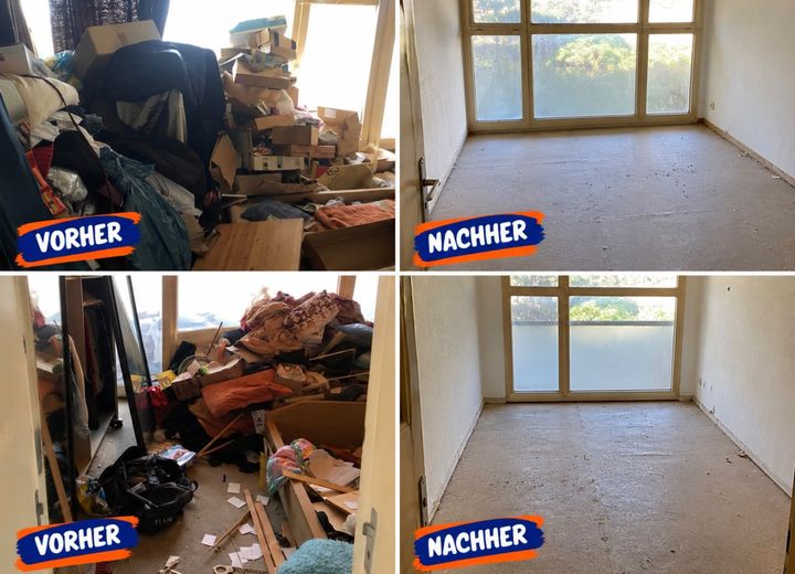 Vorher: zwei Zimmer voller Kartons, Kleidung und Möbelteile – nachher leere, besenreine Räume